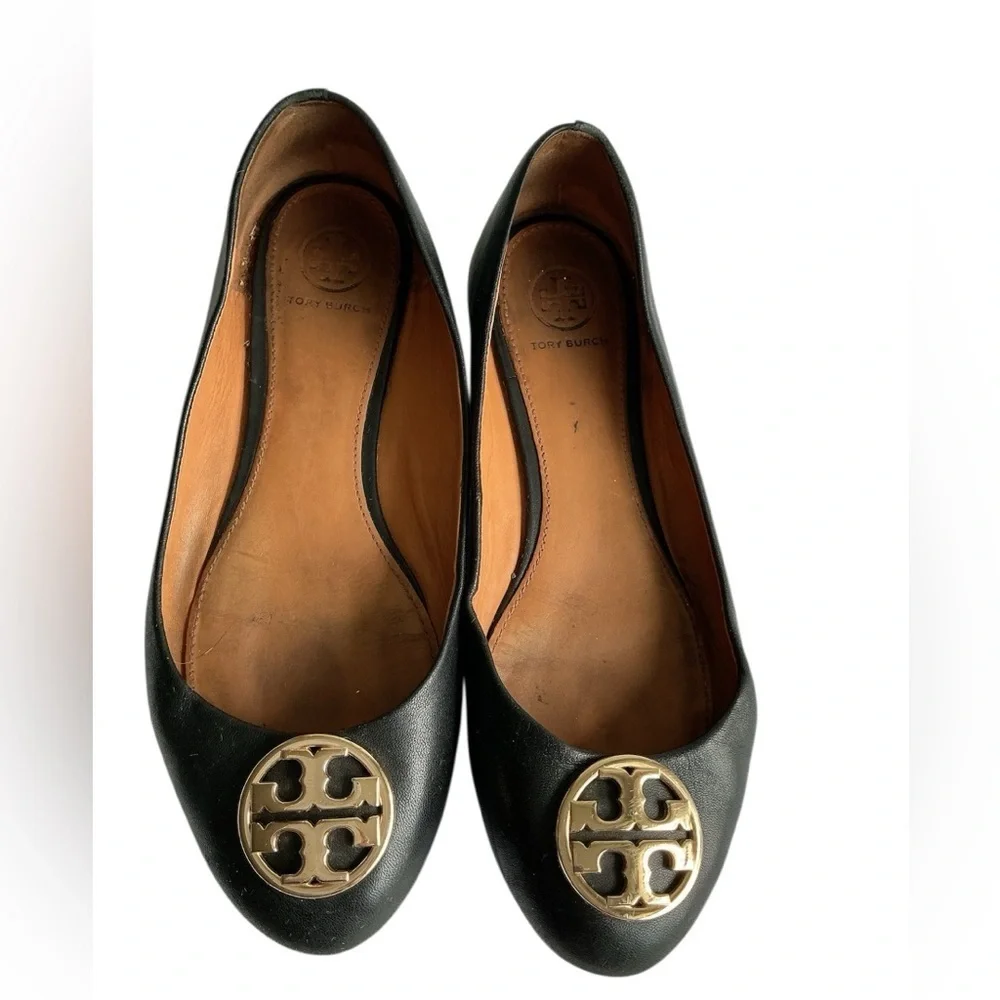 Tory Burch Black Leather Flats with Gold Emblem